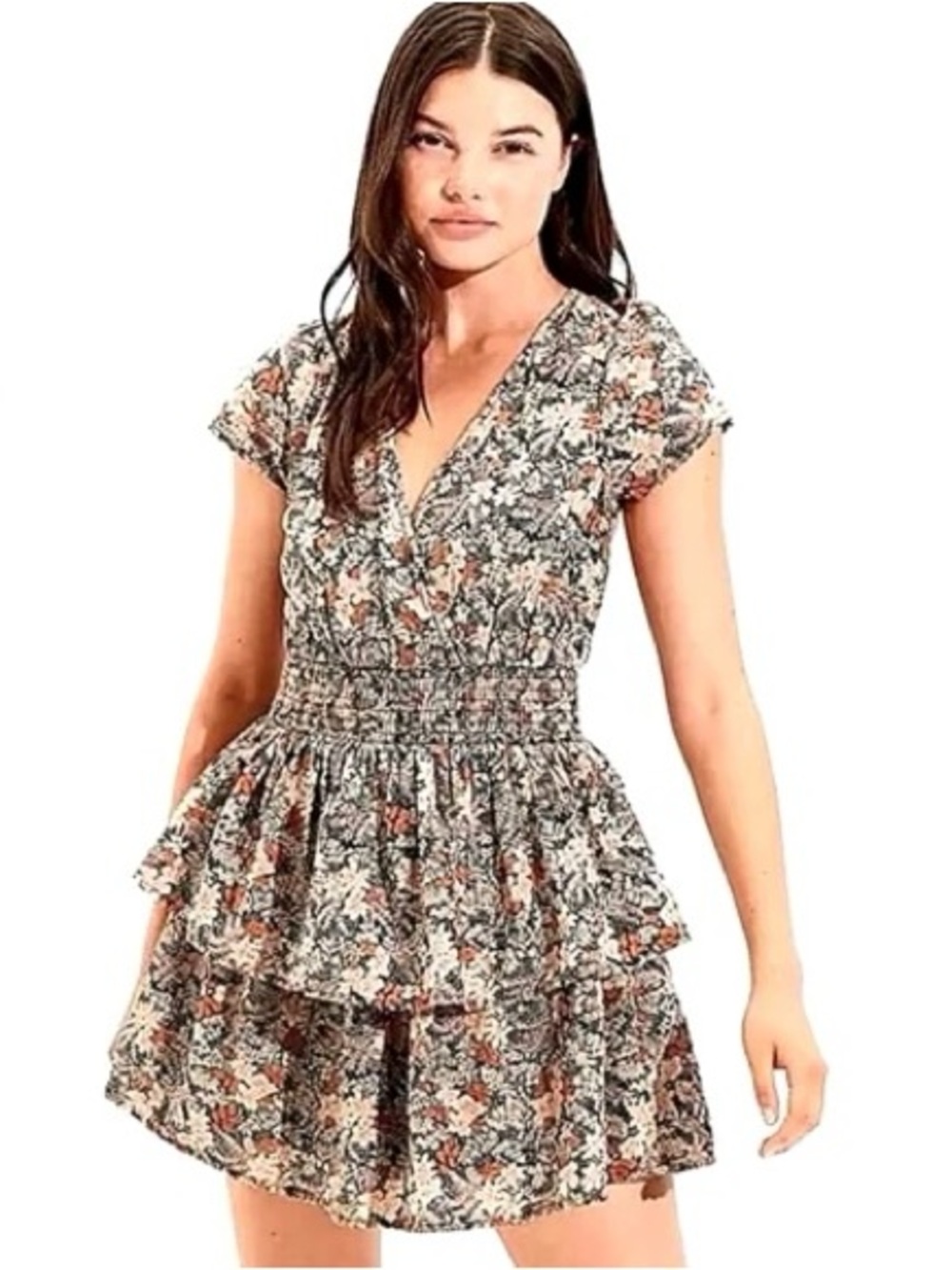American Eagle AE cream floral print short sleeve ruffle mini dress NWOT size XS
